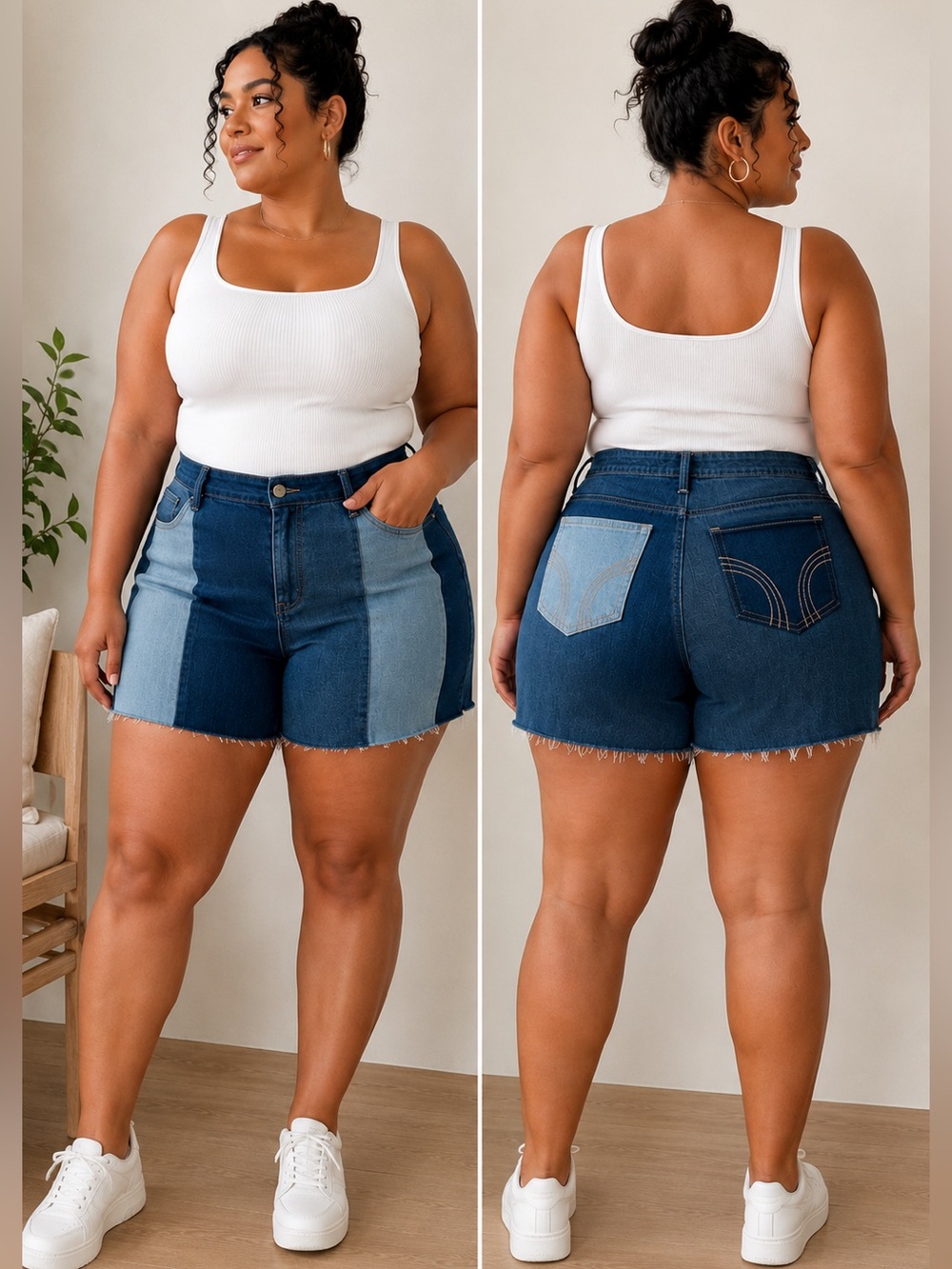 HOLLISTER Color Block Patchwork Curvy Baggy High Rise Stretch Plus Size Shorts